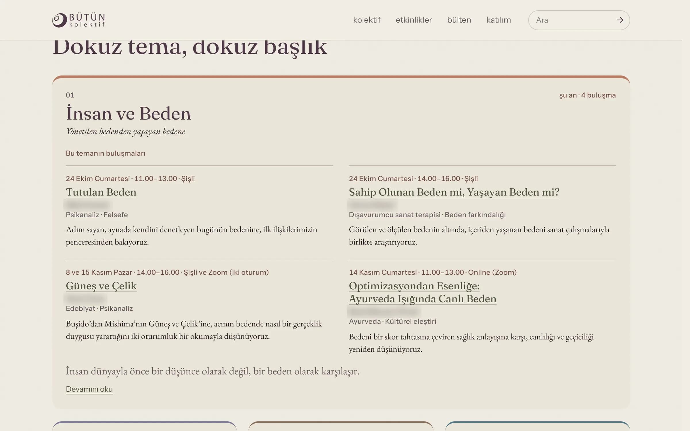 “Dokuz tema, dokuz başlık”: şu anki tema İnsan ve Beden’in kartı bütün satırı kaplıyor ve dört buluşmanın programını taşıyor; yürütücü adları gizlendi