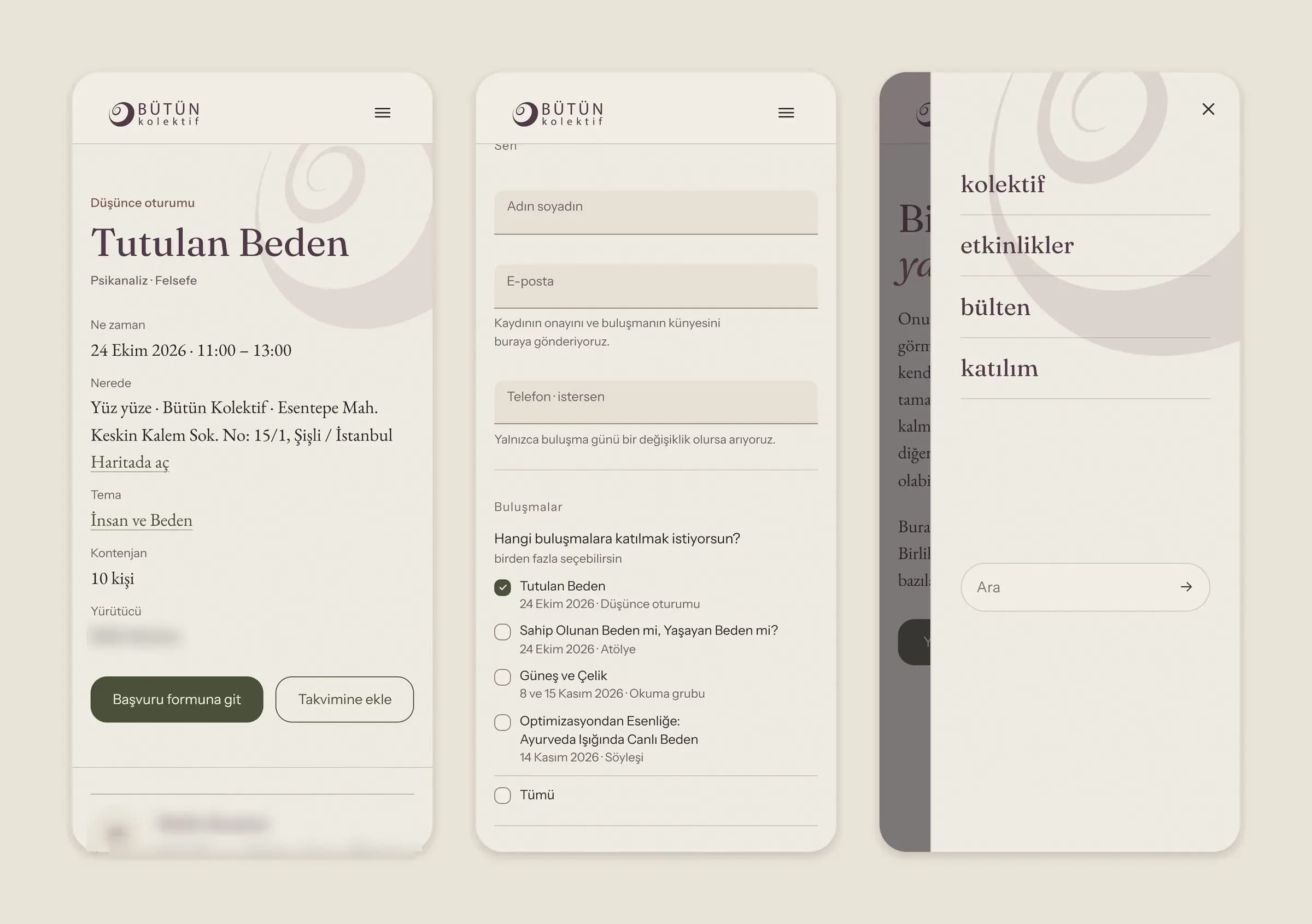 Telefonda buluşma sayfası (yürütücü adı gizlendi), başvuru formu ve spiral işaretli açık menü