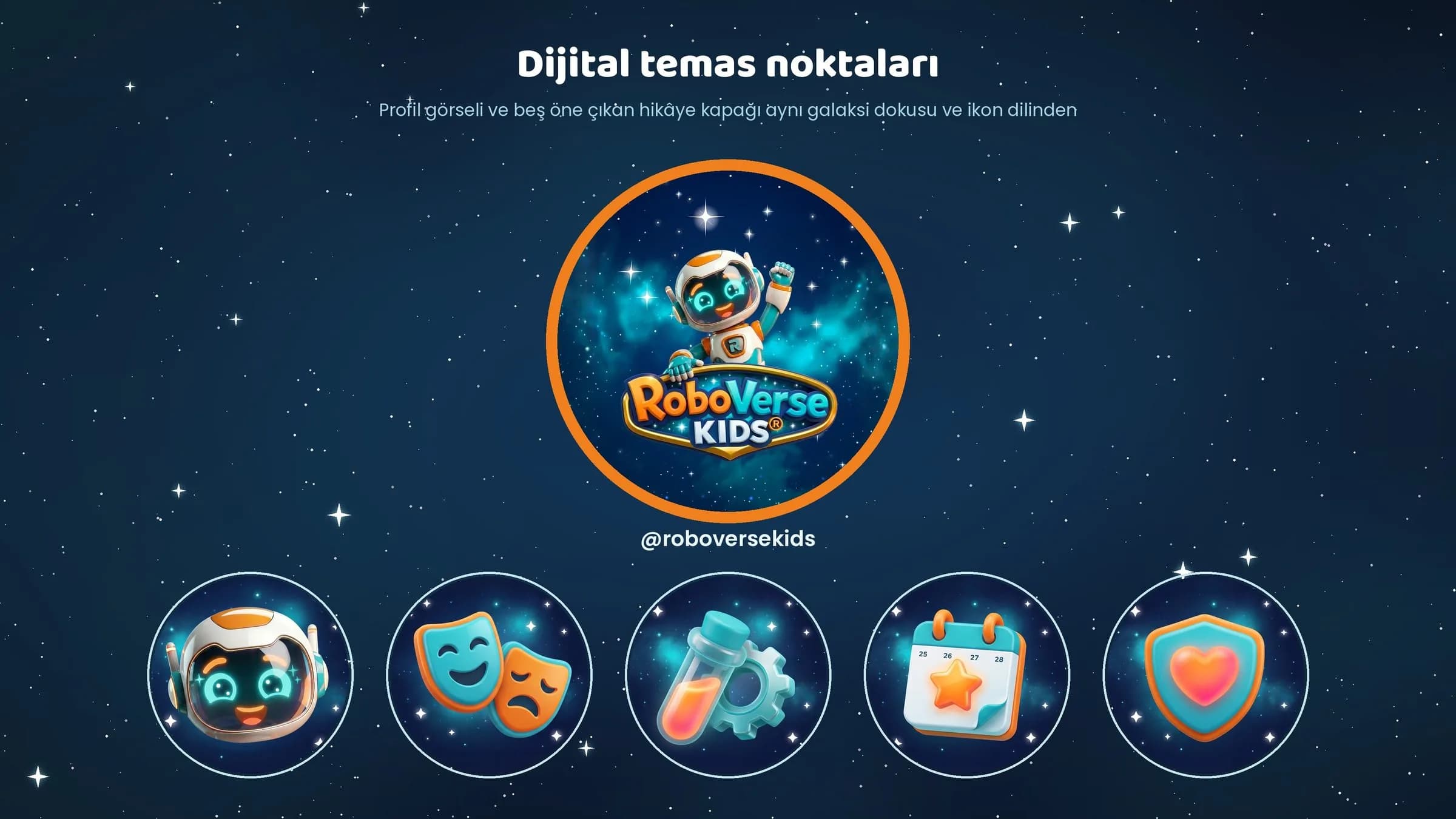 @roboversekids profil görseli ve beş öne çıkan hikâye kapağı: Robby, tiyatro maskeleri, deney tüpü ve dişli, takvim, kalpli kalkan