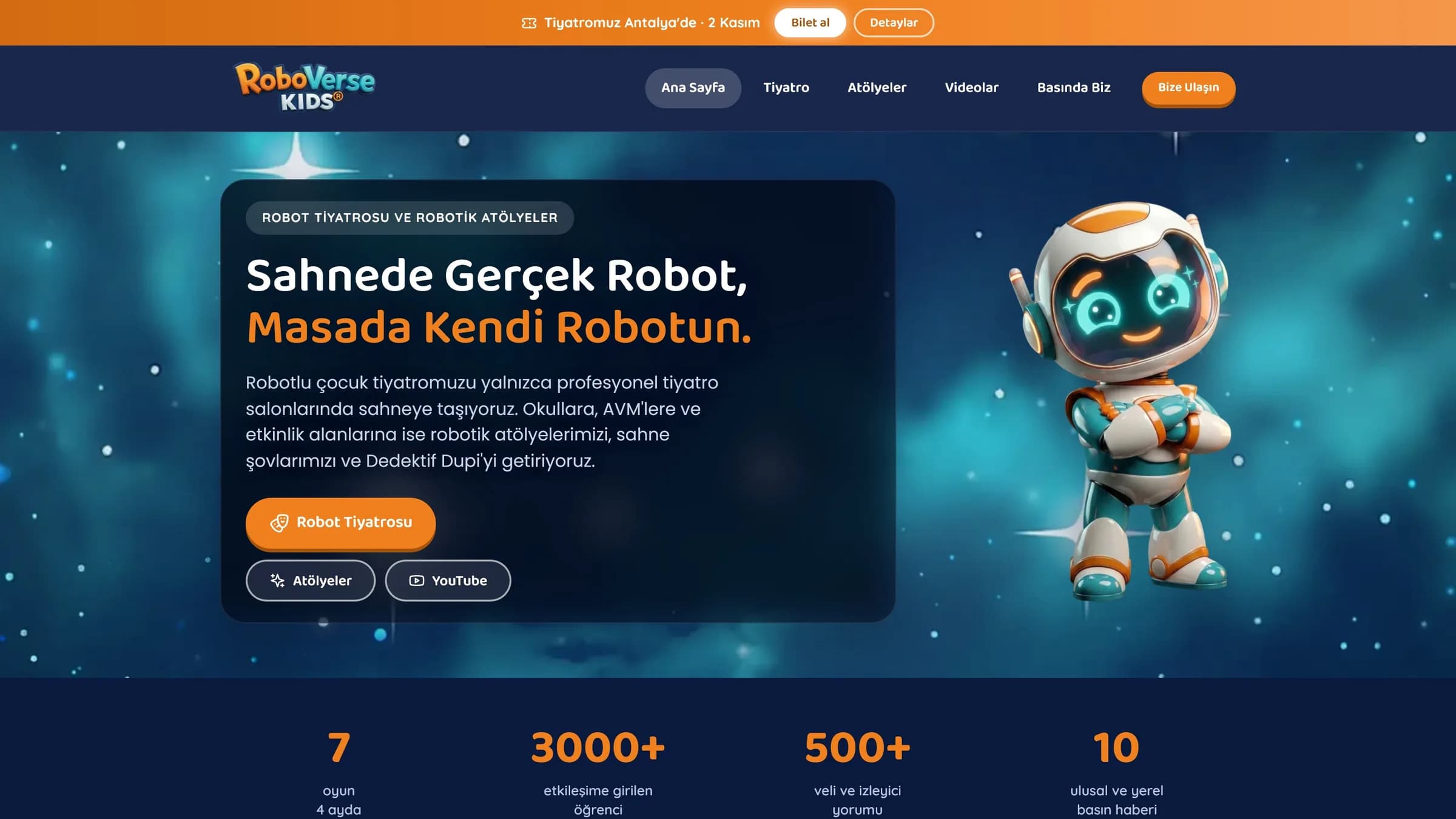 Ana sayfa açılışı: üstte tiyatro şeridi ve bilet düğmesi, "Sahnede Gerçek Robot, Masada Kendi Robotun."