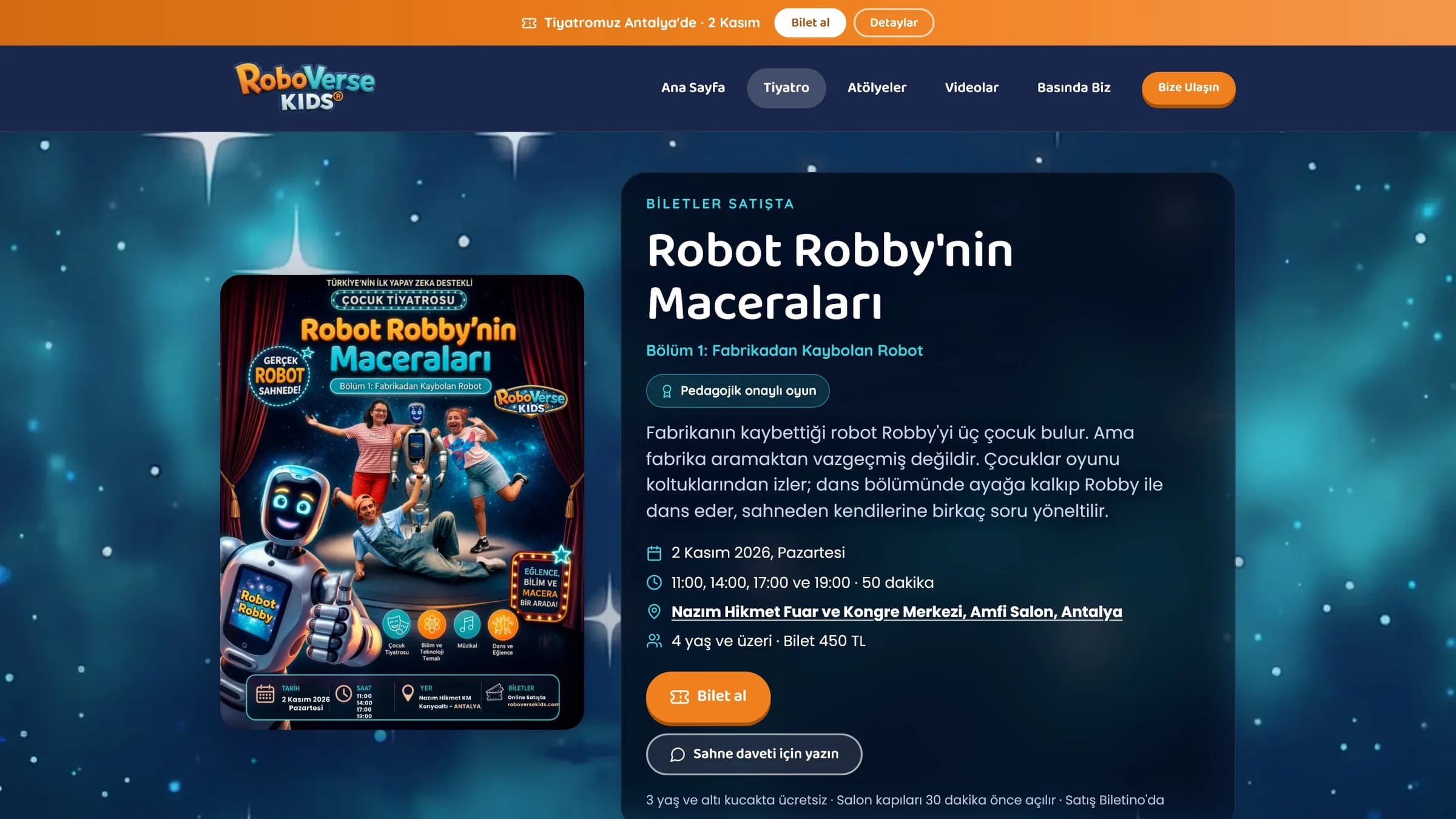Tiyatro sayfası açılışı: "Biletler satışta", tarih, seans saatleri, mekân, yaş ve bilet düğmesi