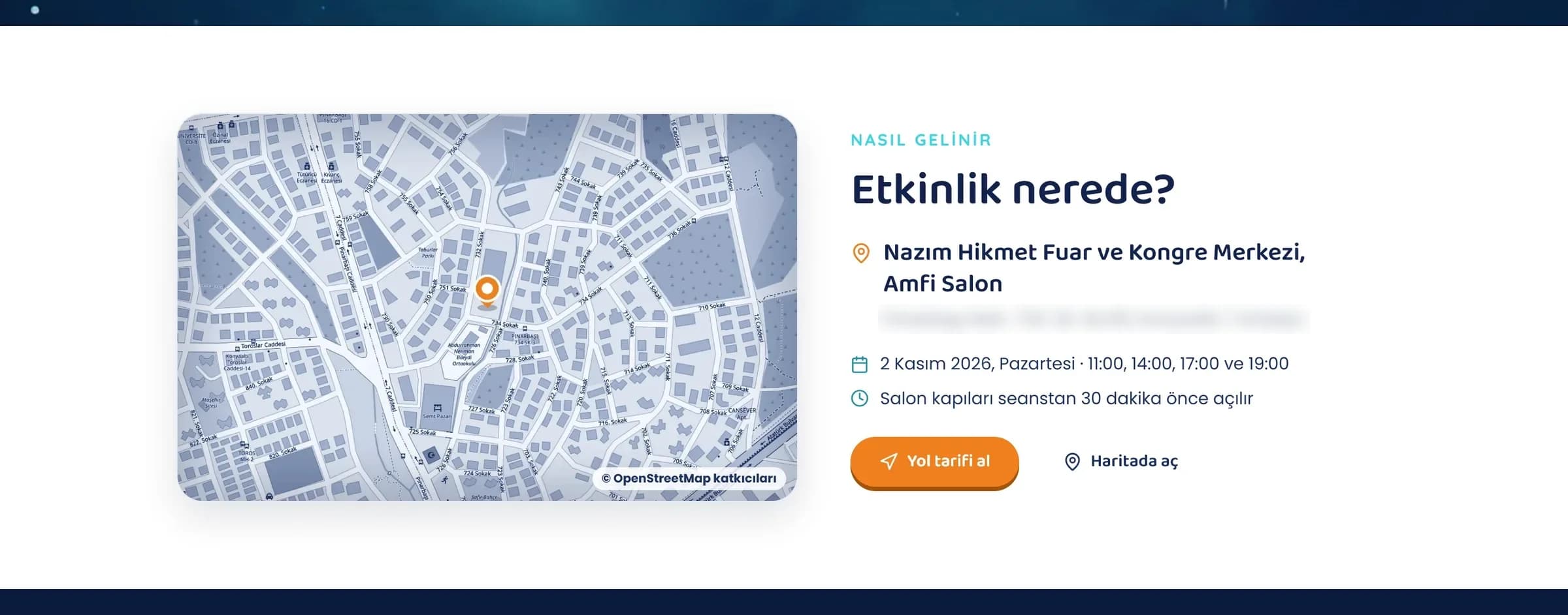 "Etkinlik nerede?": marka renklerine boyanmış, statik görsele pişirilmiş OpenStreetMap haritası