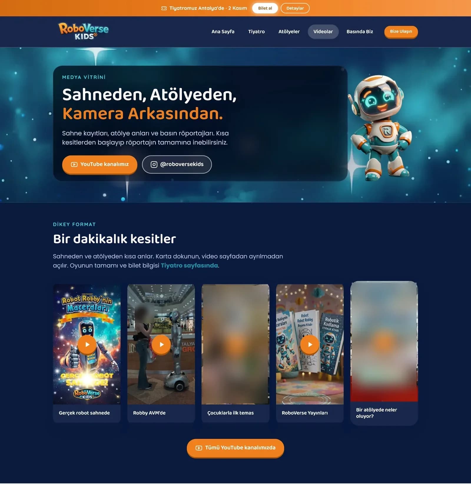 Videolar sayfası: "Sahneden, Atölyeden, Kamera Arkasından." ve dikey kısa video kartları