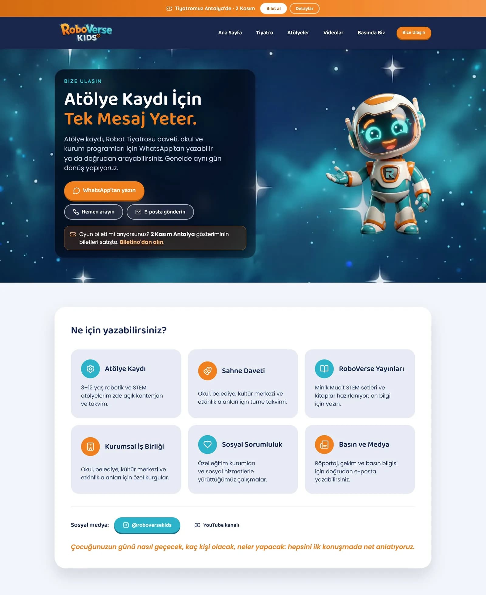 İletişim sayfası: "Atölye Kaydı İçin Tek Mesaj Yeter." ve "Ne için yazabilirsiniz?" kartları
