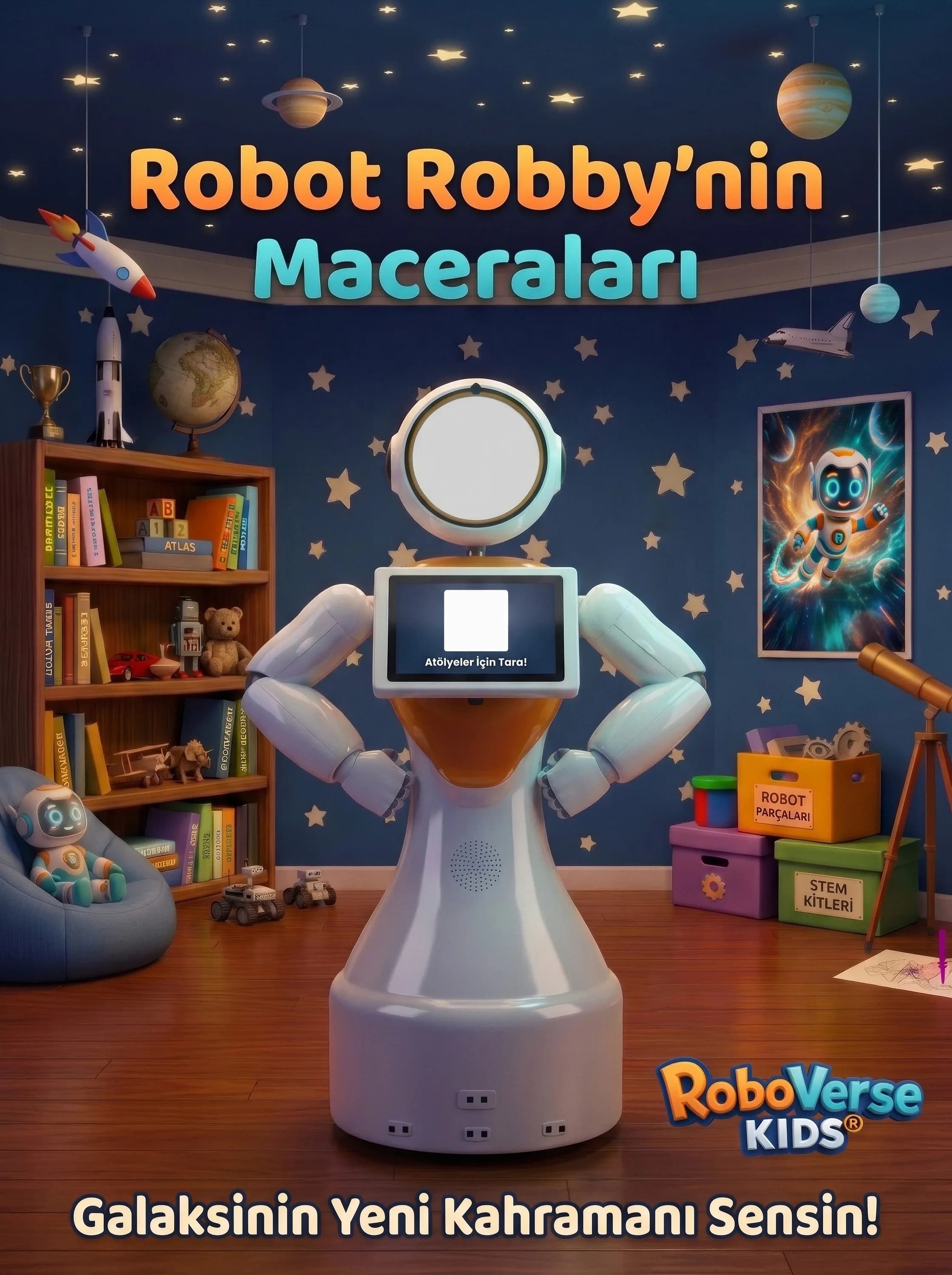 Kafasını geçir kartboard’u baskı dosyası: çocuk odasında beyaz robot, yüz ve QR alanı boş; “Galaksinin Yeni Kahramanı Sensin!”