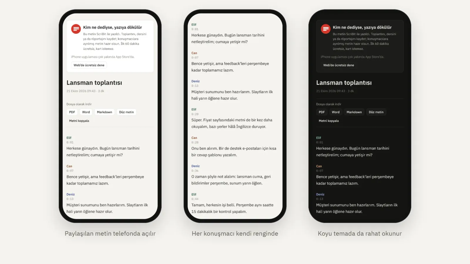 ScriBit üç telefon ekranında: konuşmacılara ayrılmış bir toplantı metni, açık ve koyu temada