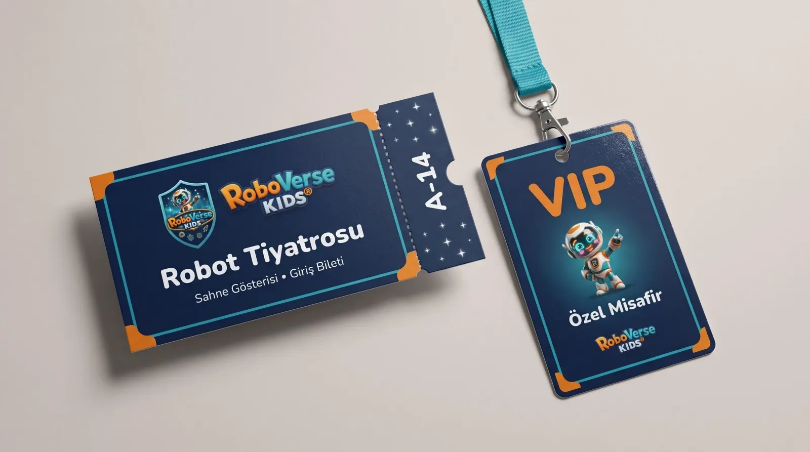 Robot Tiyatrosu bileti ve “Özel Misafir” yazan VIP yaka kartı, lacivert zeminde