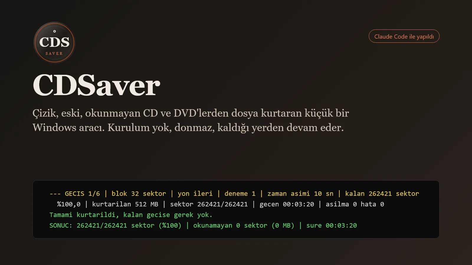 CDSaver kapağı: CDS monogramı, “Claude Code ile yapıldı” rozeti, aracın tanımı ve bir diskin sonuç satırı