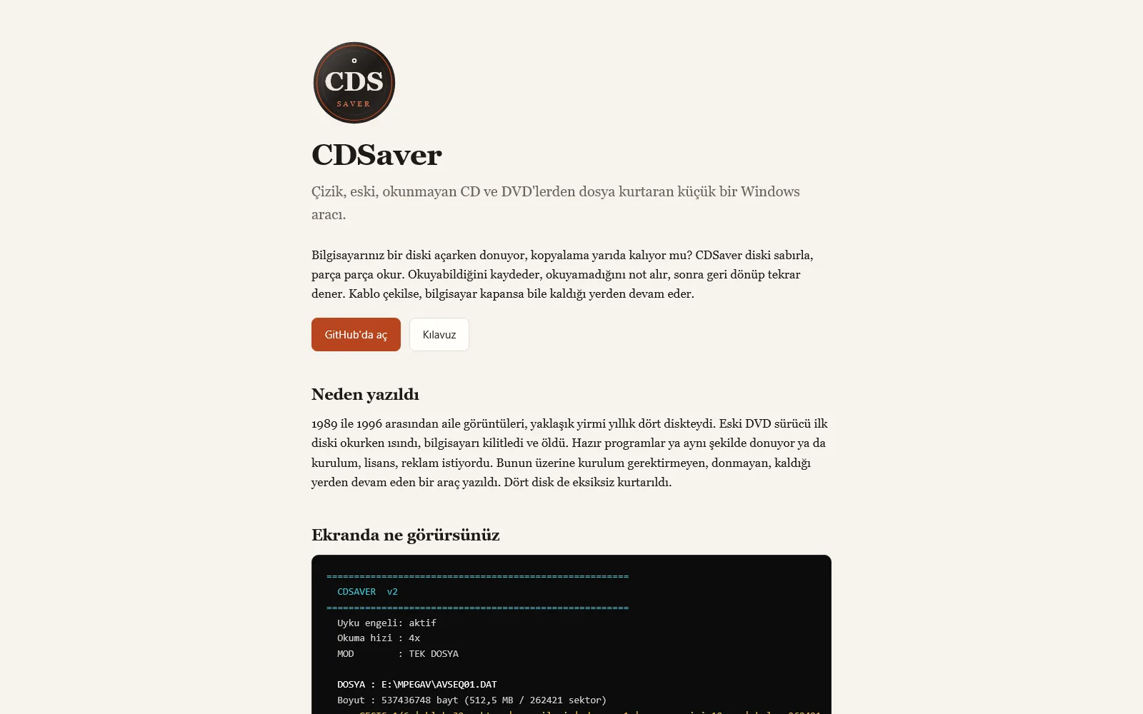 CDSaver’ın tanıtım sayfası: CDS monogramı, kısa tanım, GitHub ve Kılavuz düğmeleri, “Neden yazıldı” bölümü
