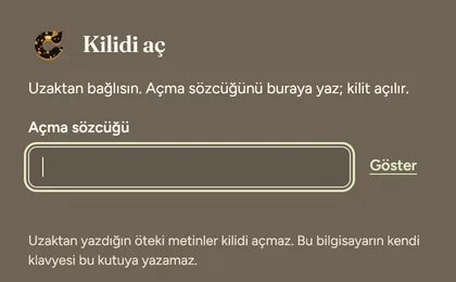 Kilidi aç penceresi: açma sözcüğü kutusu ve Göster düğmesi
