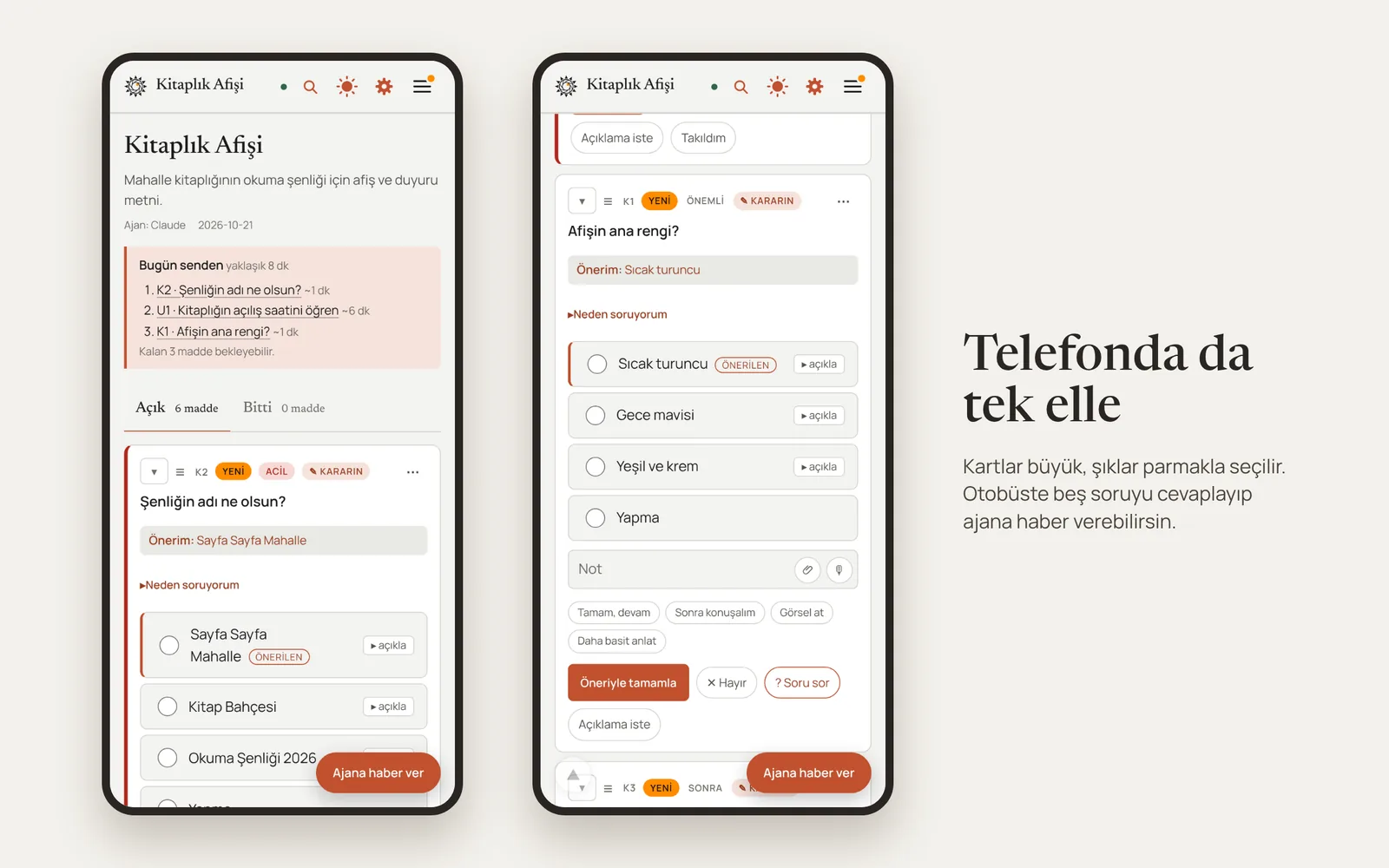İki telefon ekranında aynı defter: büyük kartlar ve parmakla seçilen şıklar